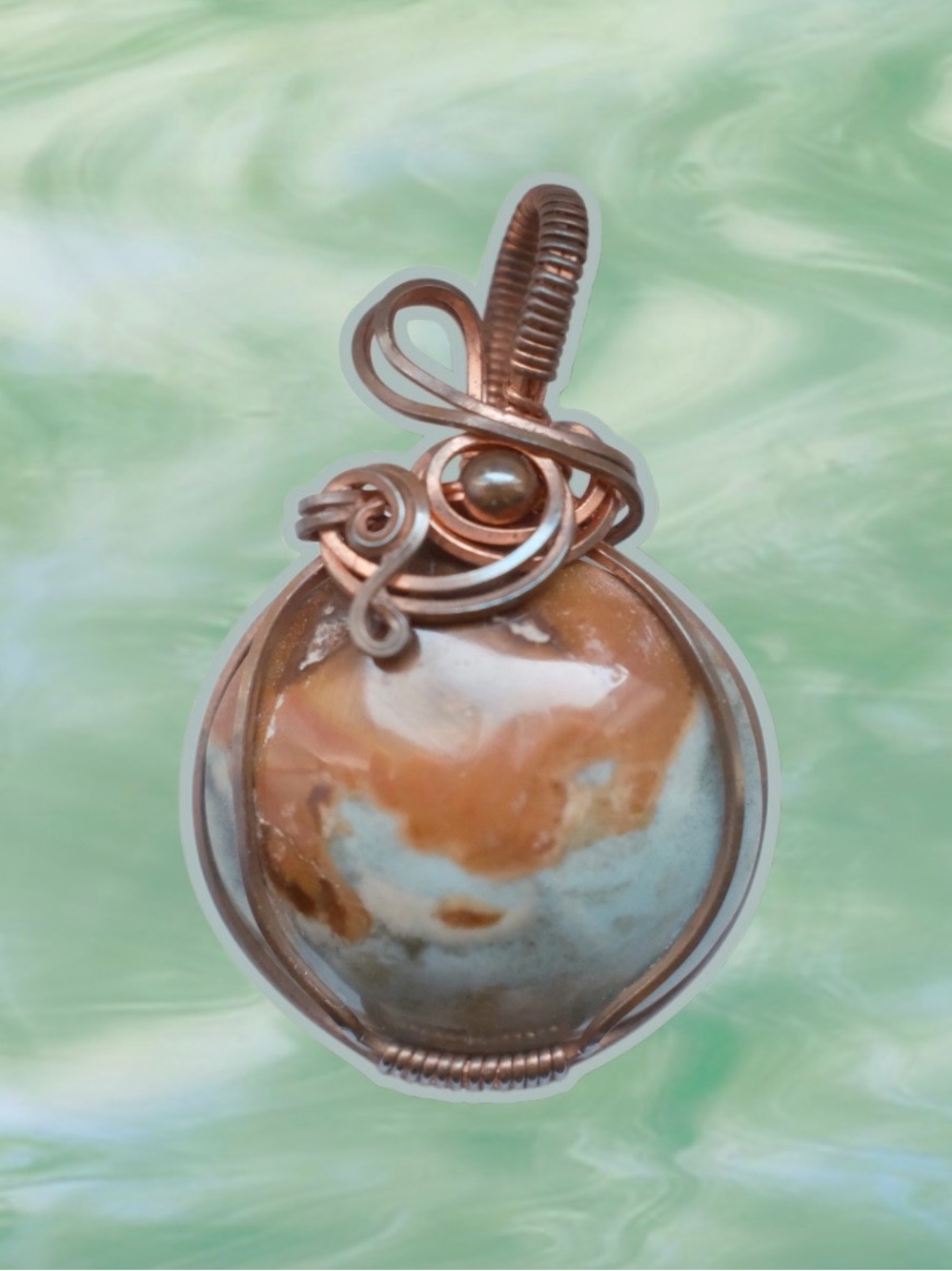 Copper Wire-Wrapped Ocean Jasper Pendant in Brown and Cream
